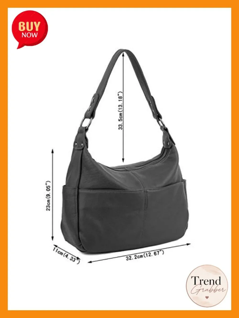 Real Leather Hobo Shoulder Bag with 2 Zip Pockets Convertible Handbag